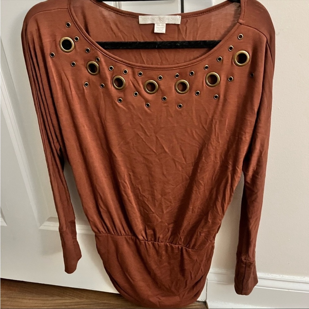 Two copper Boston Proper long sleeve tops with gold grommets